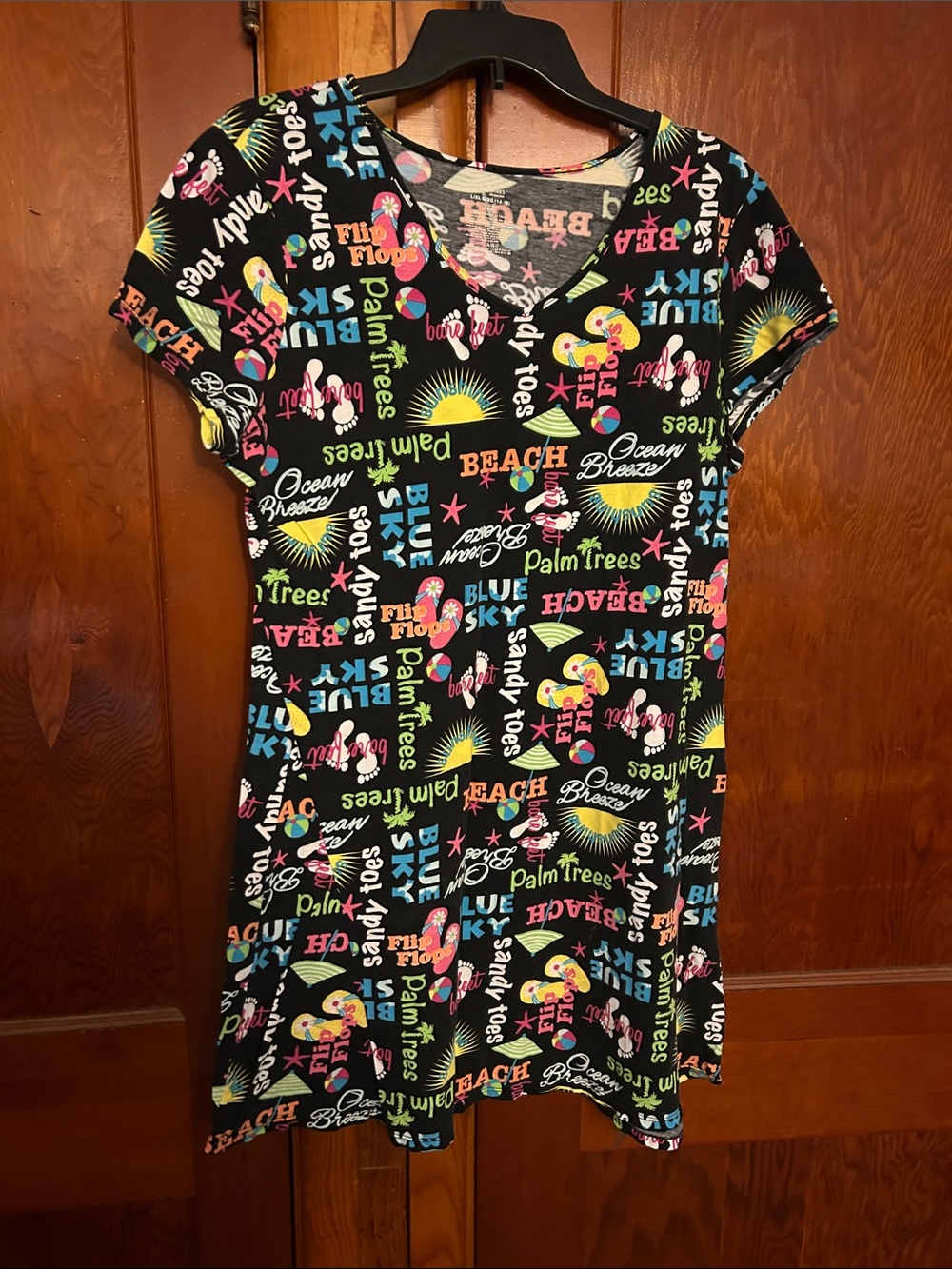 Secret Treasures Black Tee Dress with Multicolor Neon Beach Motifs
